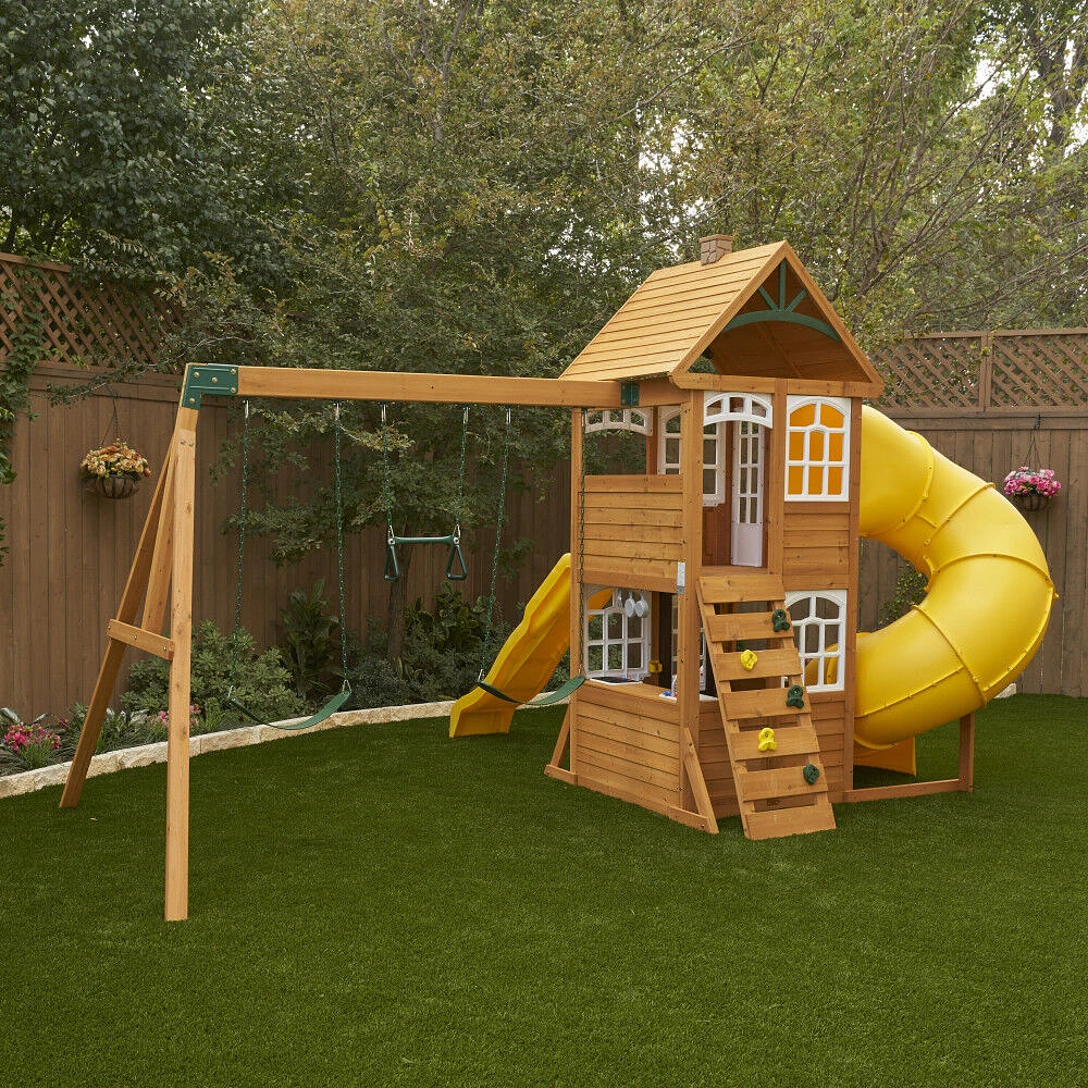 KidKraft - Castlewood Wooden Swing Set / Playset with Clubhouse, Mailbox, Slide and Play Kitchen - R Exclusive