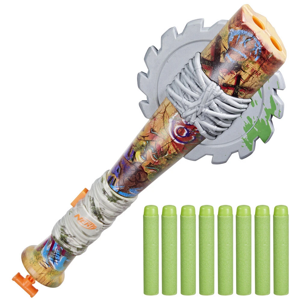 Nerf Zombie Strikeout Dart Blaster, 8 Nerf Elite Darts, Foam Blade, Pull Back Priming, Outdoor Games