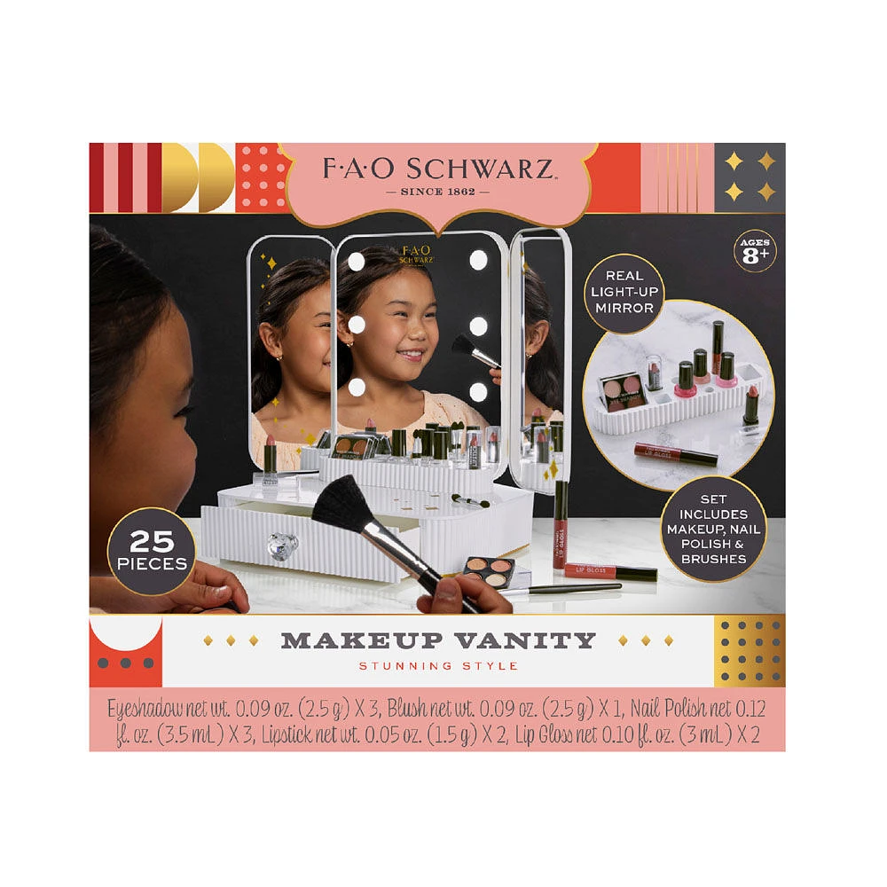 F.A.O. Schwarz - Coiffeuse studio de maquillage pour filles à profil bas 24 pièces avec poignée en forme de diamant - Notre exclusivité