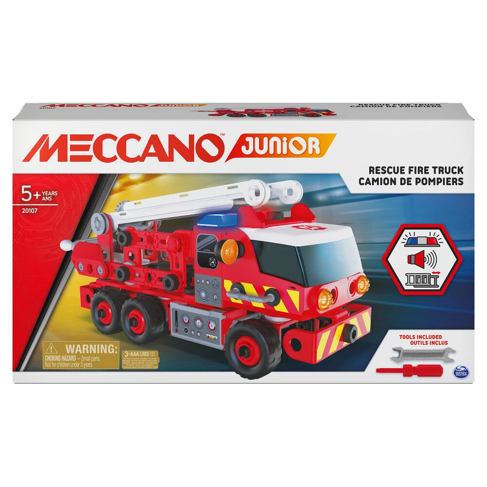 Meccano Junior, Kit de construction STEAM, Camion de pompiers avec effets sonores et lumineux