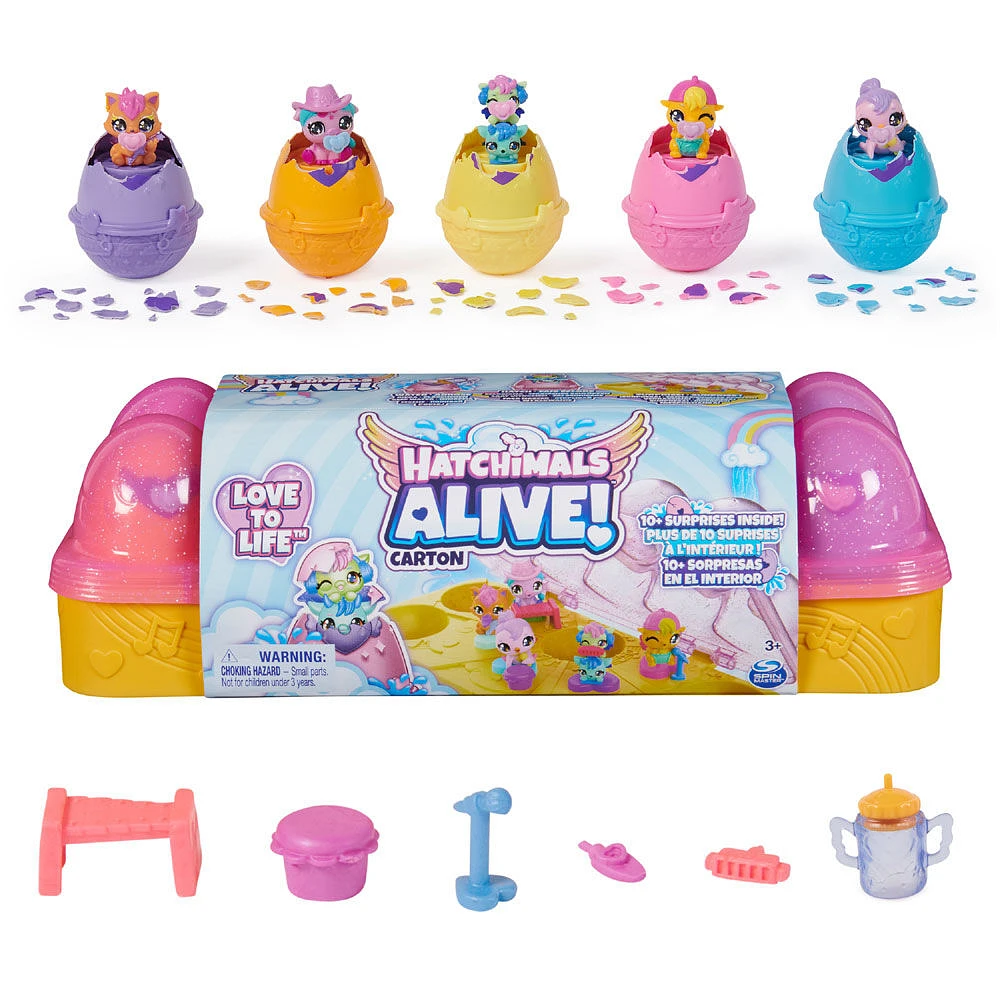 Hatchimals Alive, Boîte d'oeufs rose et jaune, jouet avec 6 mini figurines dans des oeufs qui éclosent tout seuls, 11 accessoires