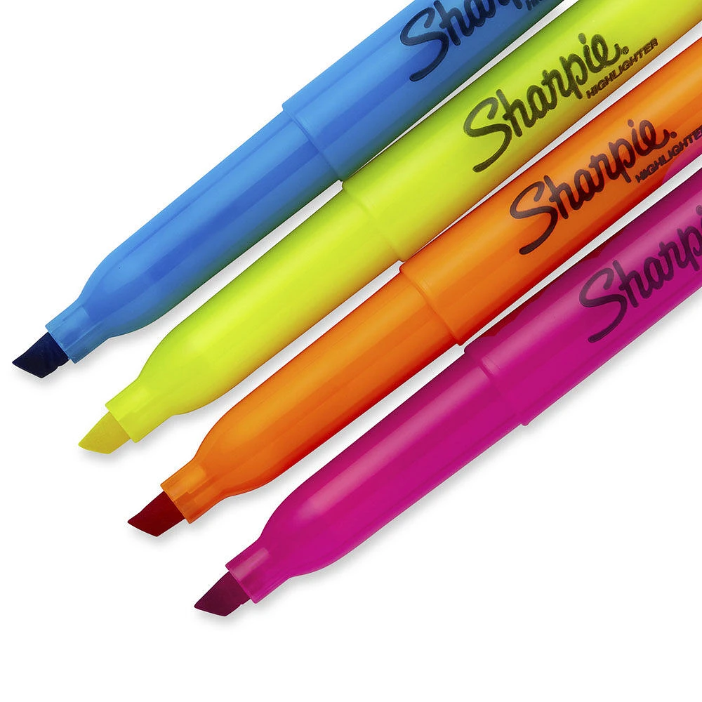 Sharpie Pocket Highlighters, Narrow Chisel Tip, Assorted Colours, 4 Count