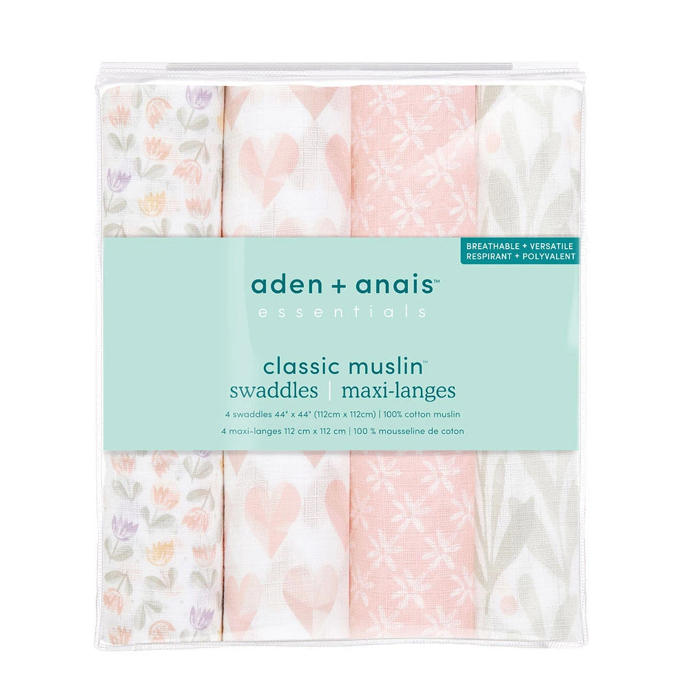 Couverture à Emmailloter en Mousseline de Coton Aden + Anais Essentials Piece of My Heart, Lot de 4