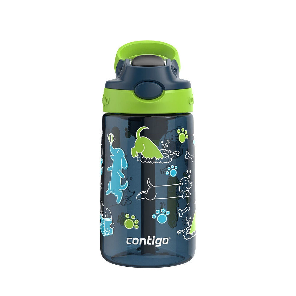 Bouteille d’eau antifuite et antidéversement pour enfants Contigo Aubrey avec paille, lime avec chiens, 414 ml