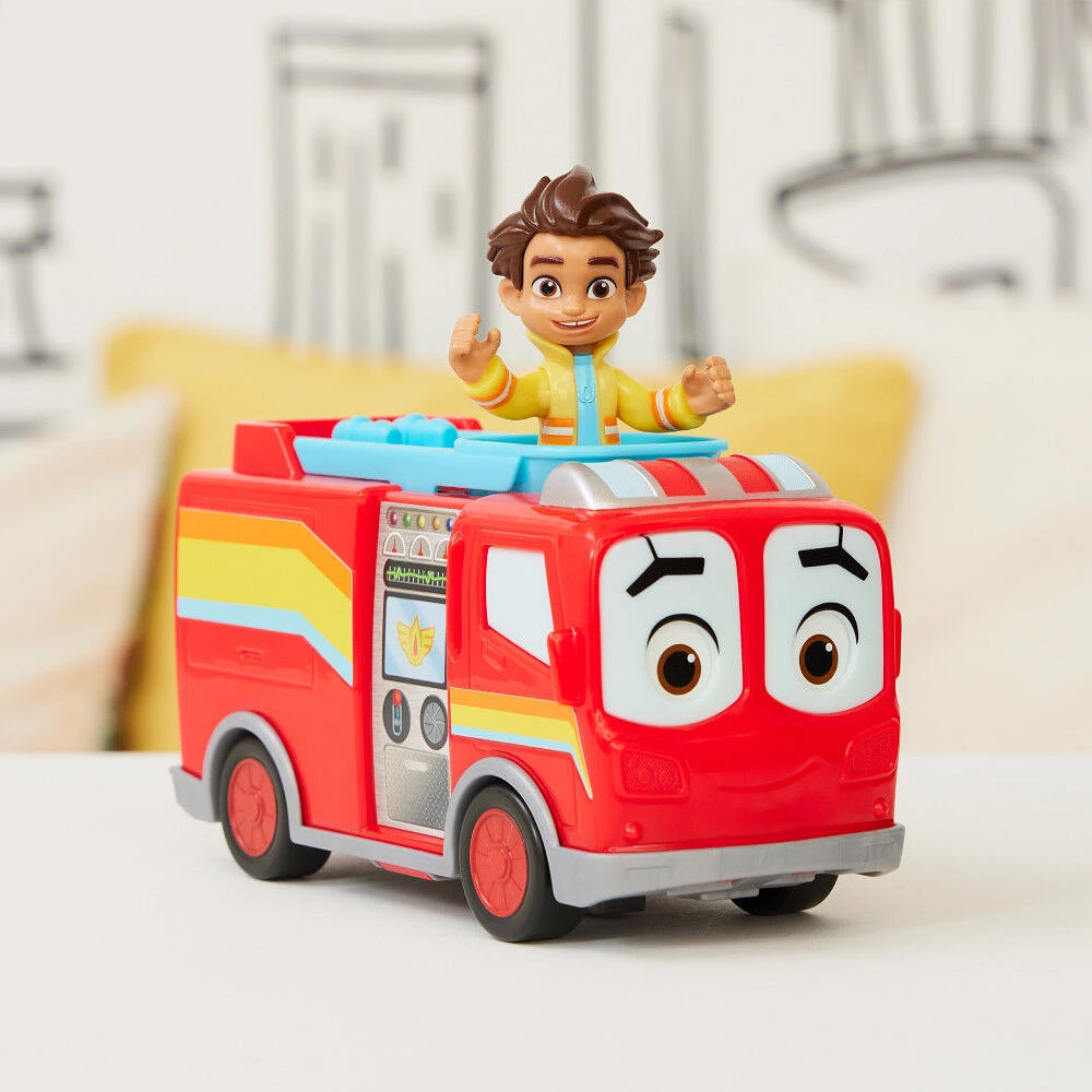 Disney Junior Firebuds, Bo and Flash, Action Figure and Fire Truck Vehicle with Interactive Eye Movement