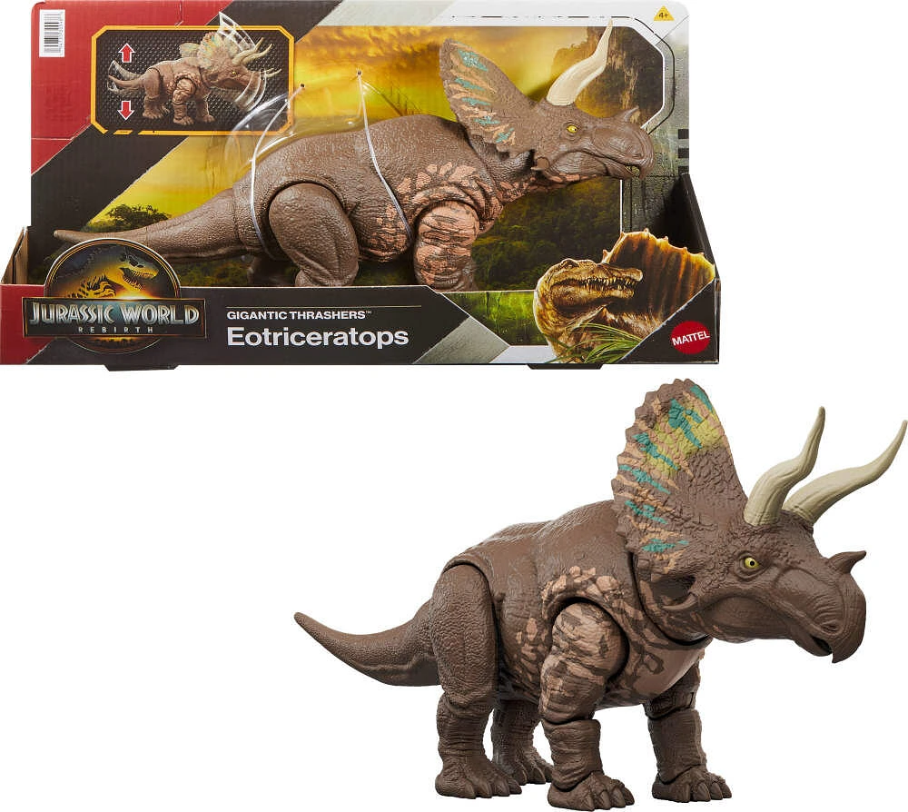 Jurassic World Rebirth Gigantic Thrashers Eotriceratops Dinosaur Figure Toy, Tail Activated Attack