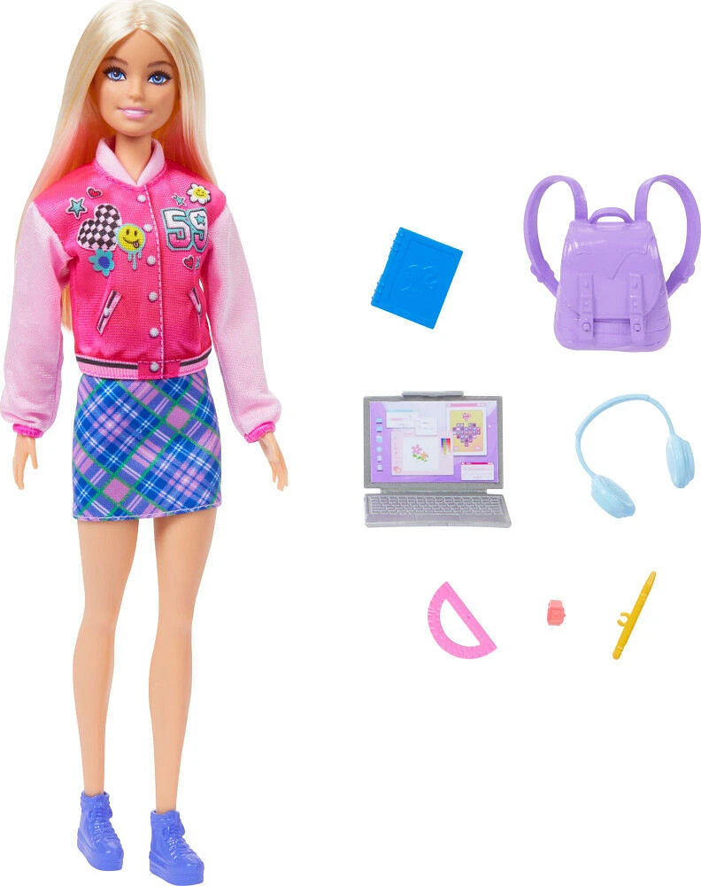 Barbie-J'aime l'École-Coffret Poupée blonde en tenue et 7accessoires