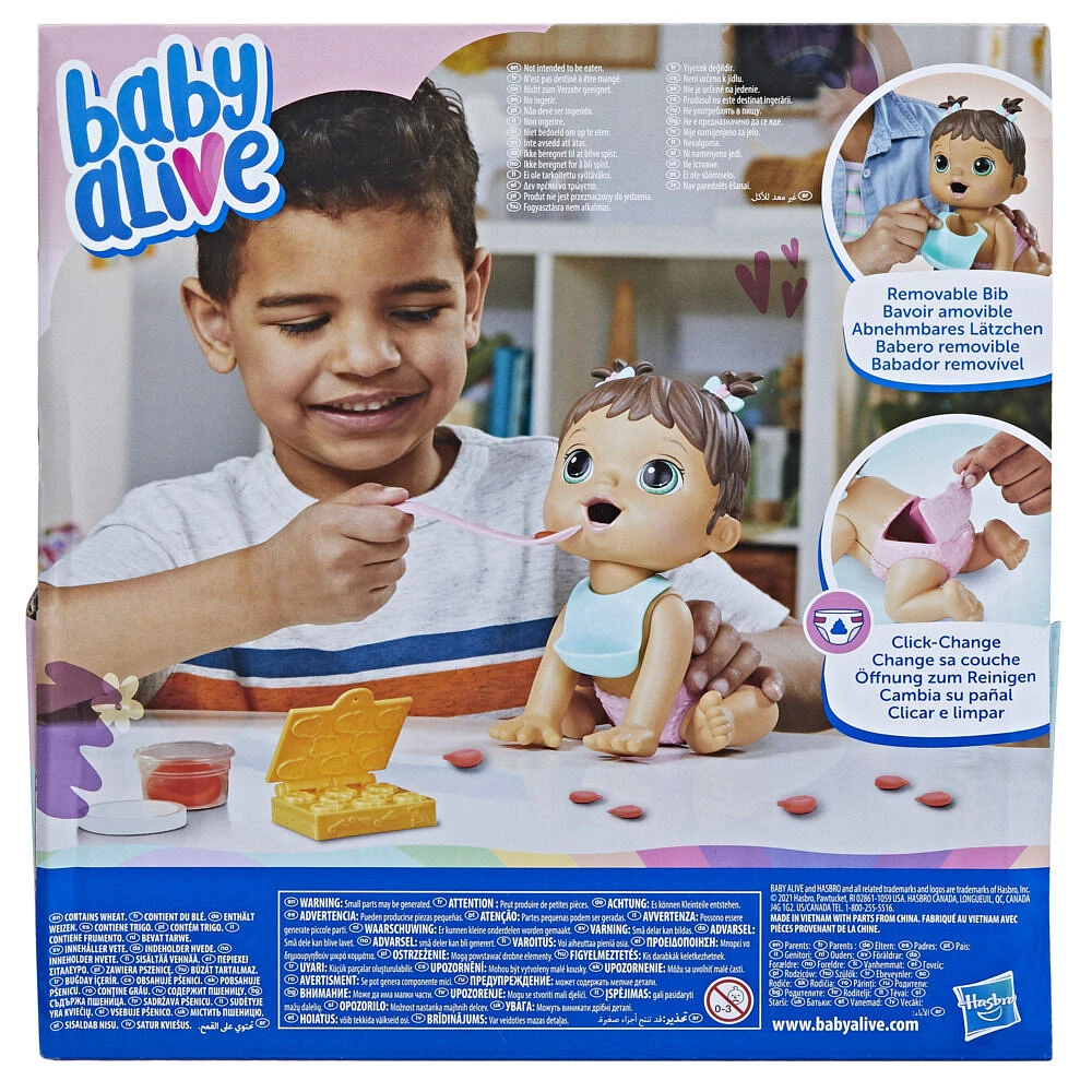 Baby Alive Lil Snacks Doll, Eats and "Poops," 8-inch Baby Doll with Snack Mold, Brown Hair