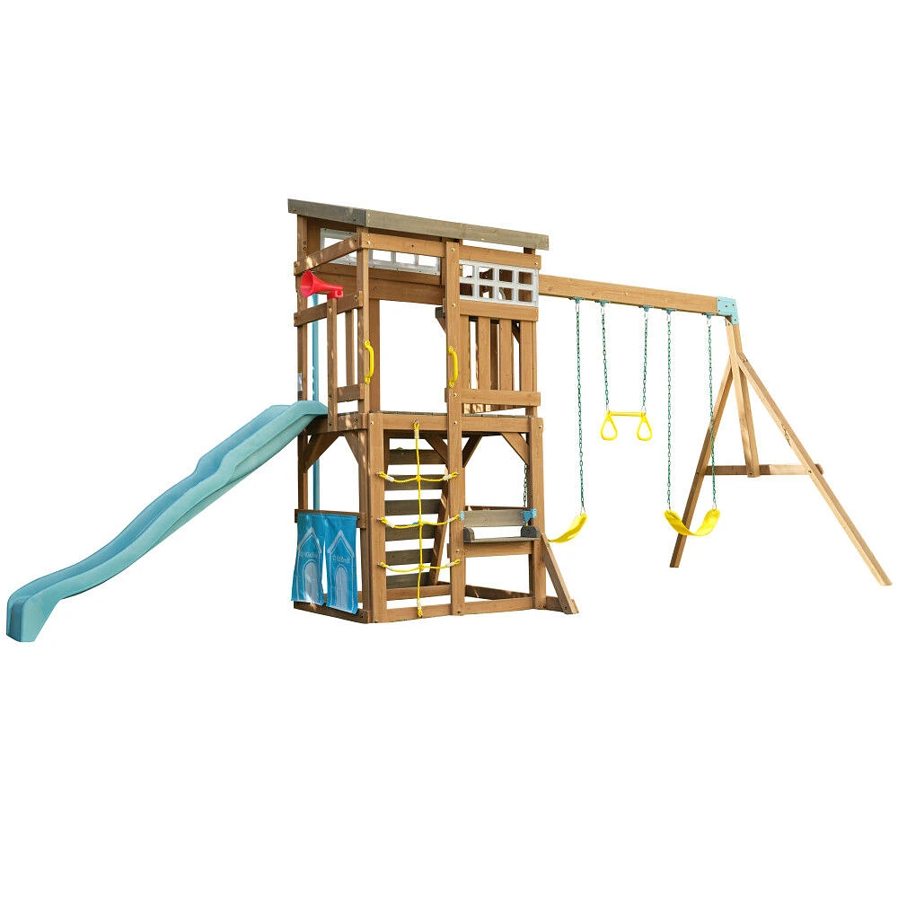 KidKraft - Modern Outdoor Wooden Swing Set / Playset with Fireman's Pole, Reversible Bench - R Exclusive