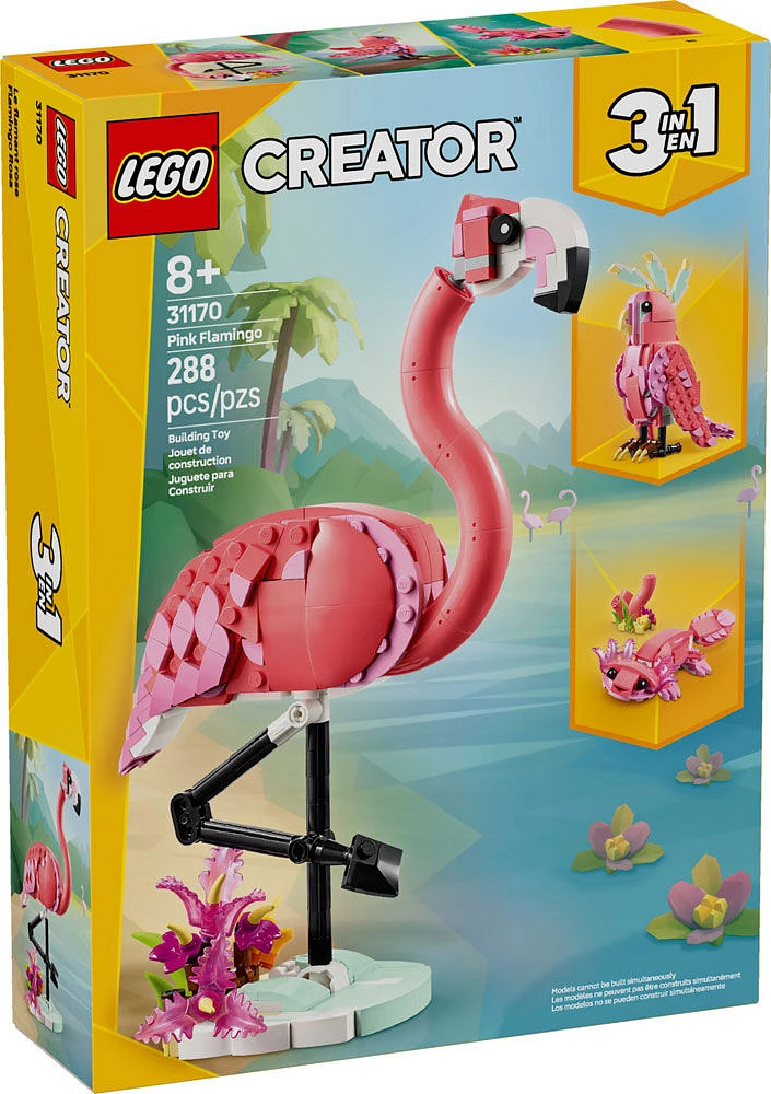 LEGO Creator 3 in 1 Wild Animals: Pink Flamingo Playset - Building Toy with 3 Building Options, Pink Flamingo, Cockatoo, or Axolotl - 31170