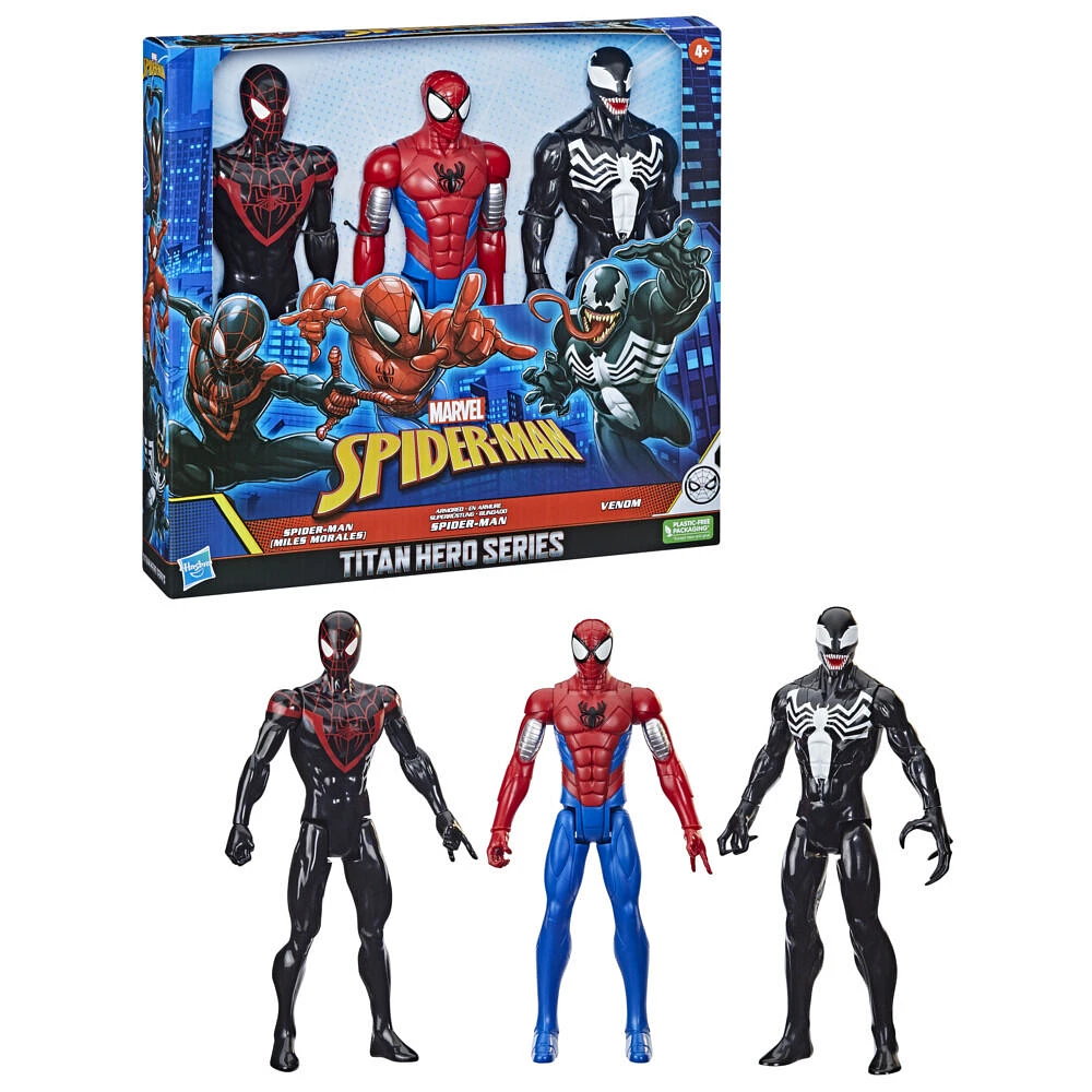 Marvel Spider-Man Titan Hero Series Spider-Man (Miles Morales) Armored Spider-Man Venom 12-Inch-Scale Figure 3-Pack