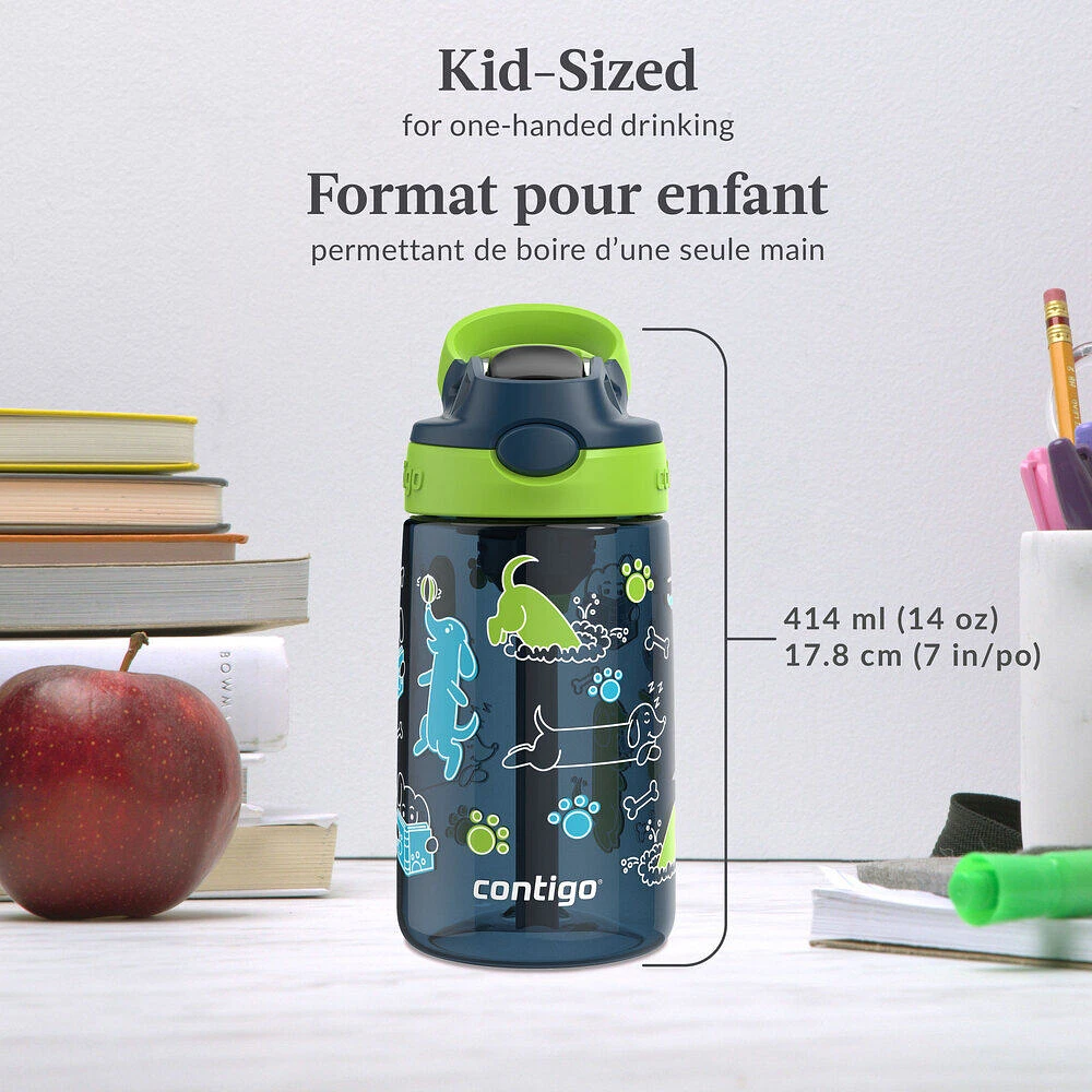 Bouteille d’eau antifuite et antidéversement pour enfants Contigo Aubrey avec paille, lime avec chiens, 414 ml