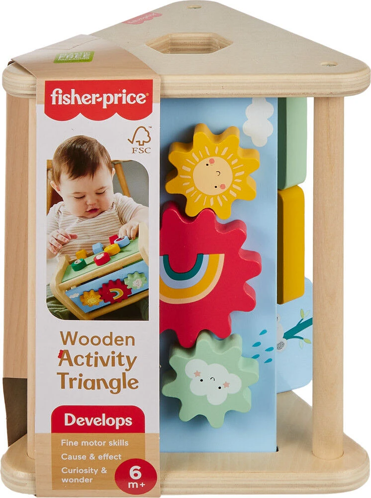 Fisher-Price Wooden Activity Triangle, 2-Sided Fine Motor Toy for Baby, 1 Wood Piece