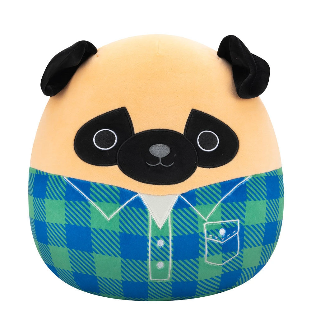 Peluche Squishmallows 12" - Prince le carlin avec chemise en flanelle