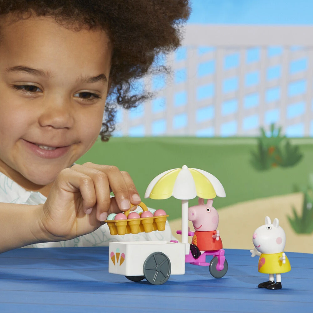 Peppa Pig, Chariot de glaces de Peppa avec 2 figurines et 3 accessoires thématiques, jouets pour enfants