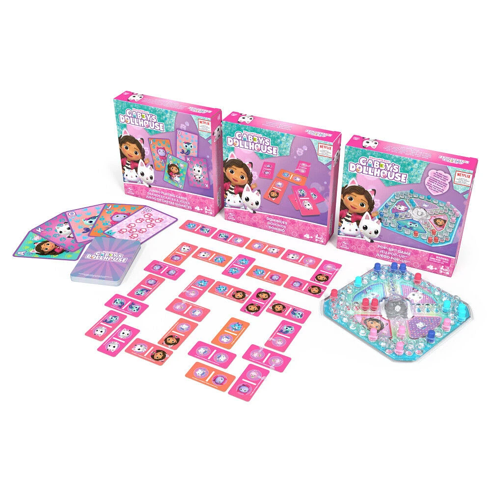 Gabby's Dollhouse, Coffret cadeau de 3 jeux, jeu Pop-Up, dominos, cartes géantes, jouets Gabby et la maison magique