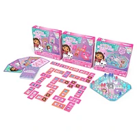 Gabby's Dollhouse, Coffret cadeau de 3 jeux, jeu Pop-Up, dominos, cartes géantes, jouets Gabby et la maison magique