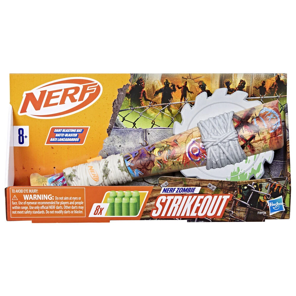 Nerf Zombie Strikeout, blaster à fléchettes, 8 fléchettes Nerf Elite, épée en mousse, poignée d'amorçage, jeux d'extérieur