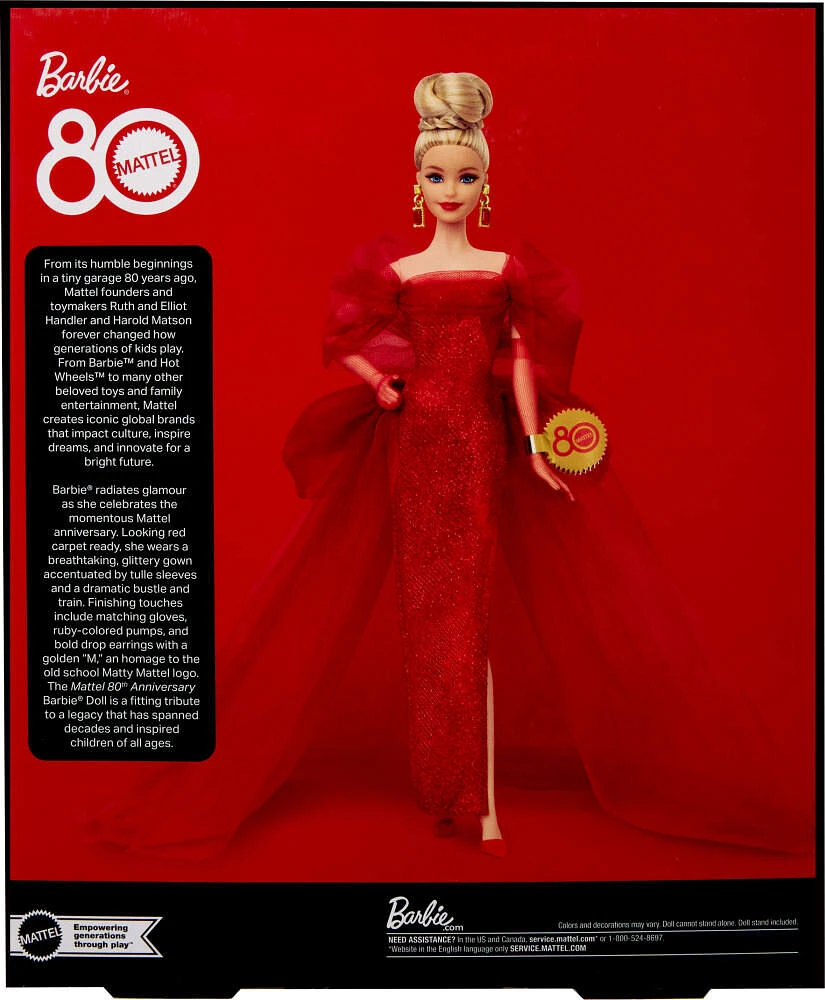 Poupée de collection BarbieSignature pour le 80eanniversaire de Mattel, robe rouge en tulle scintillante, cheveux blonds