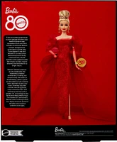 Poupée de collection BarbieSignature pour le 80eanniversaire de Mattel, robe rouge en tulle scintillante, cheveux blonds