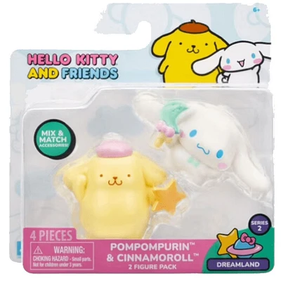 Hello Kitty et ses amis, ensemble de 2 figurines : Pays des rêves - Cinnamoroll Lollipop et Pompompurin Star