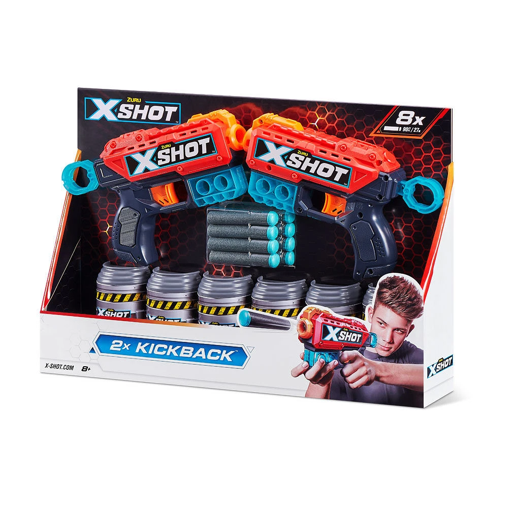 Ensemble de deux pistolets X-Shot Excel Kickback (8 fléchettes, 6 cannettes)