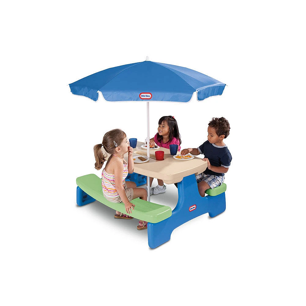 Little Tikes - Easy Store - Grande table de pique-nique bleu et verte avec parasol