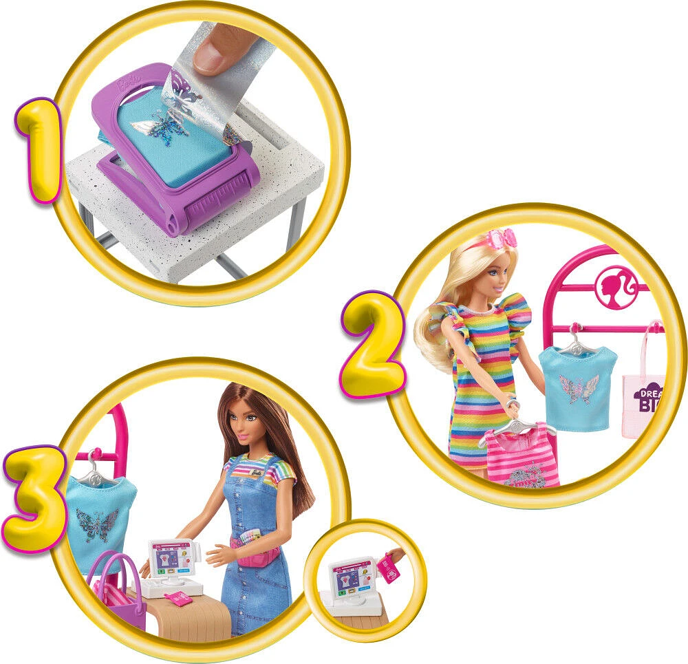 Barbie Make and Sell Boutique Playset with Brunette Doll, Foil Design Tools, Clothes and Accessories