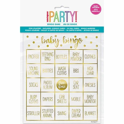 Kit De Bingo Pour 8 - Estampillé - Gold Baby Shower - Édition anglaise