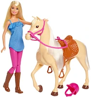 Barbie Doll, Blonde, Wearing Riding Outfit with Helmet, and Light Brown Horse with Soft White Mane and Tail