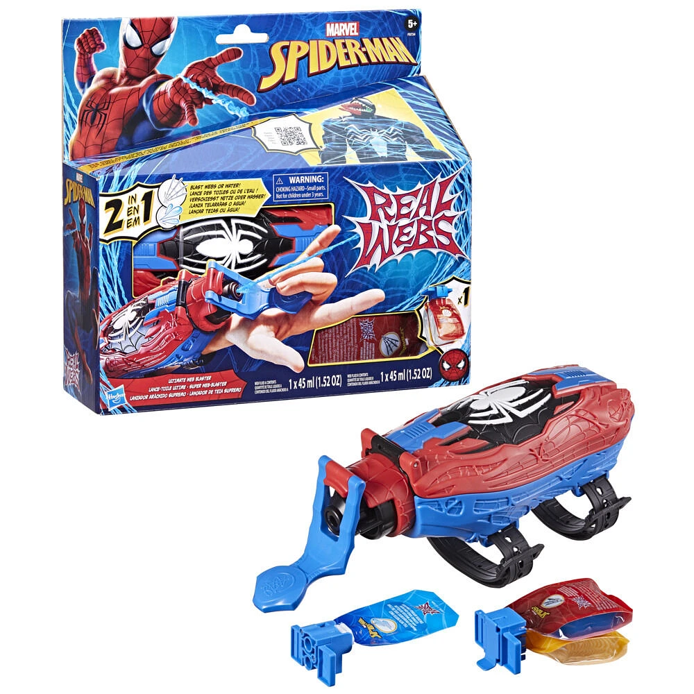 Marvel Spider-Man Real Webs, Lance-toile ultime, blaster 2-en-1, jouet de déguisement Spider-Man, jouets Spider-Man à partir de 5 ans