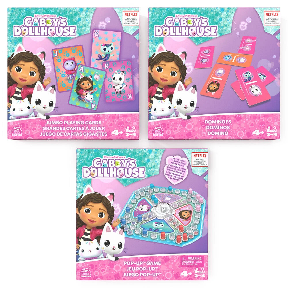 Gabby's Dollhouse, Coffret cadeau de 3 jeux, jeu Pop-Up, dominos, cartes géantes, jouets Gabby et la maison magique