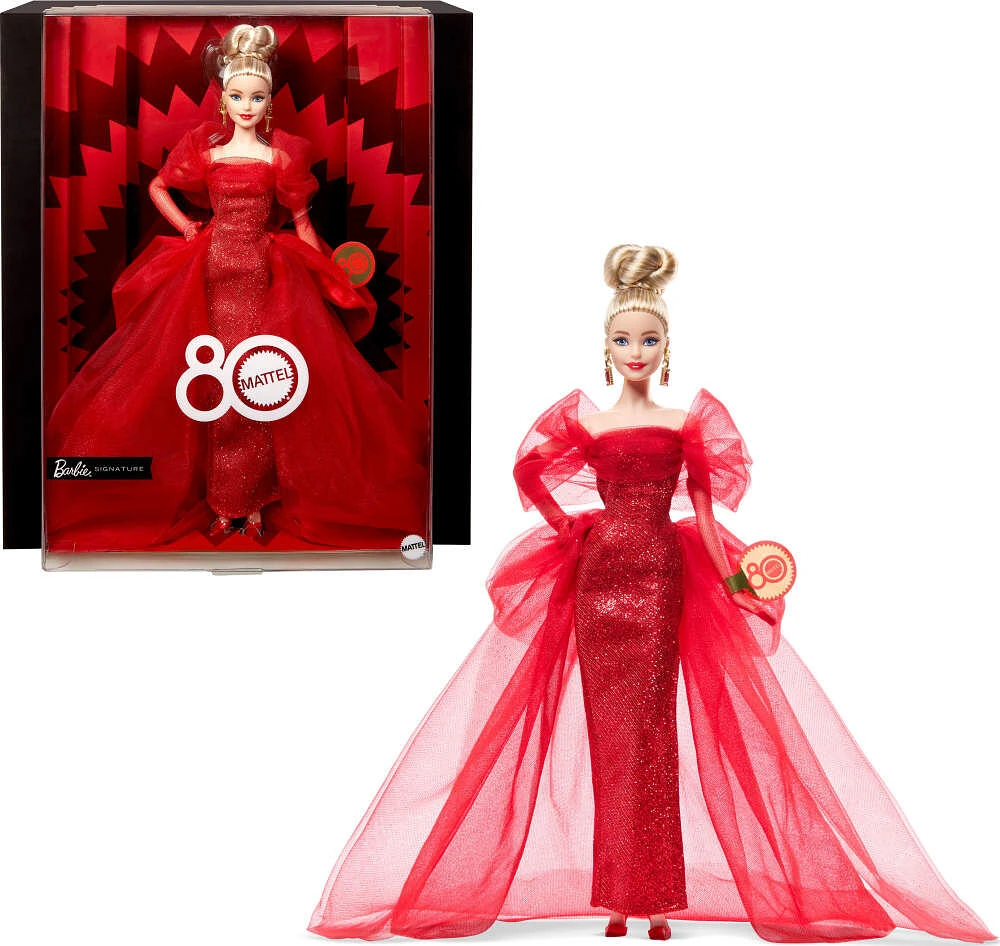 Poupée de collection BarbieSignature pour le 80eanniversaire de Mattel, robe rouge en tulle scintillante, cheveux blonds