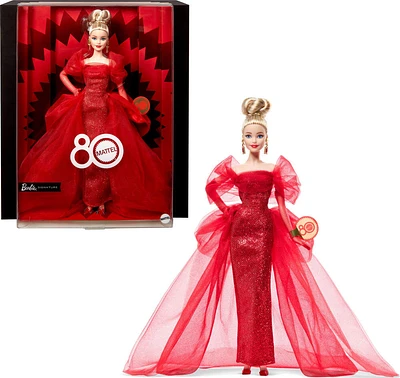Poupée de collection BarbieSignature pour le 80eanniversaire de Mattel, robe rouge en tulle scintillante, cheveux blonds