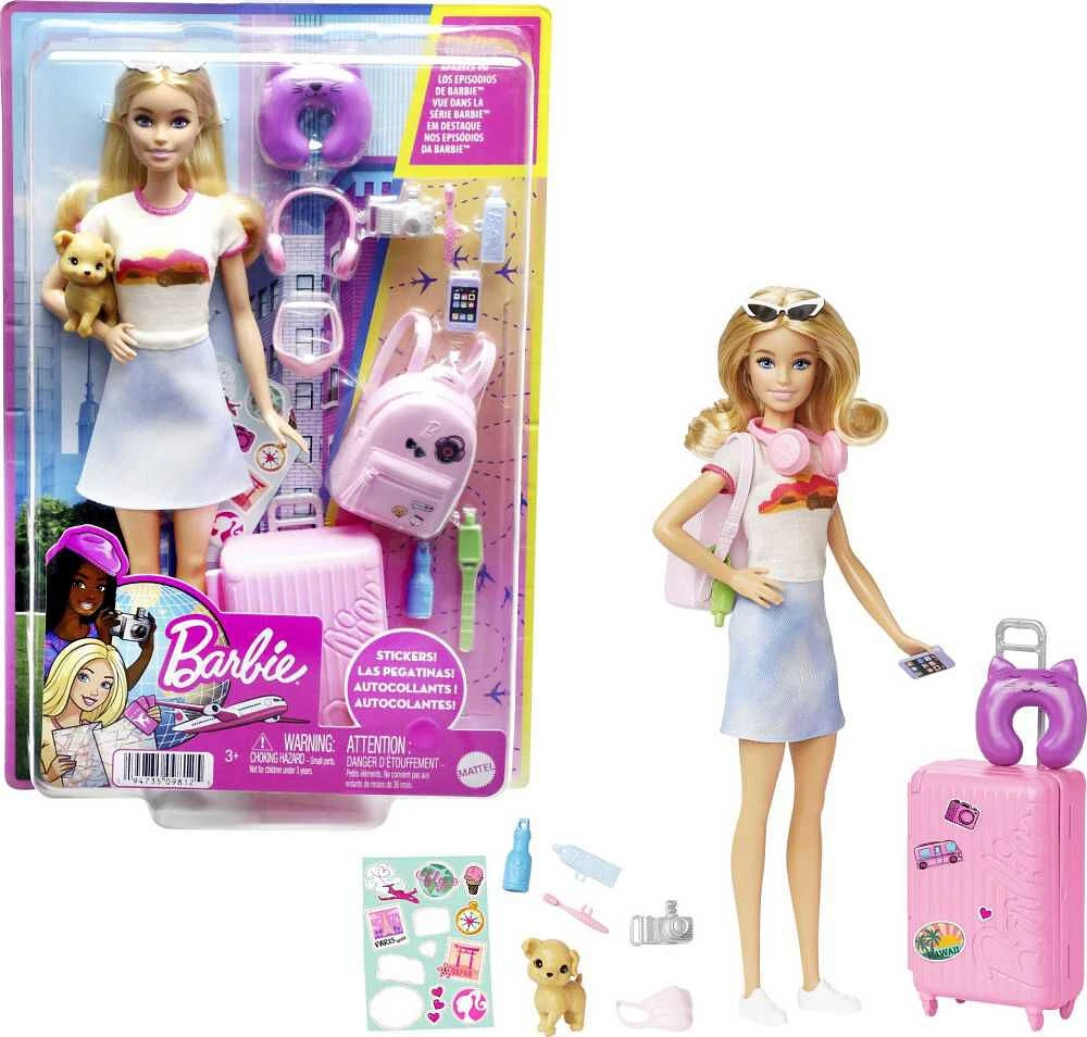 Barbie Doll and Accessories, "Malibu" Travel Set with Puppy and 10+ Pieces Including Working Suitcase