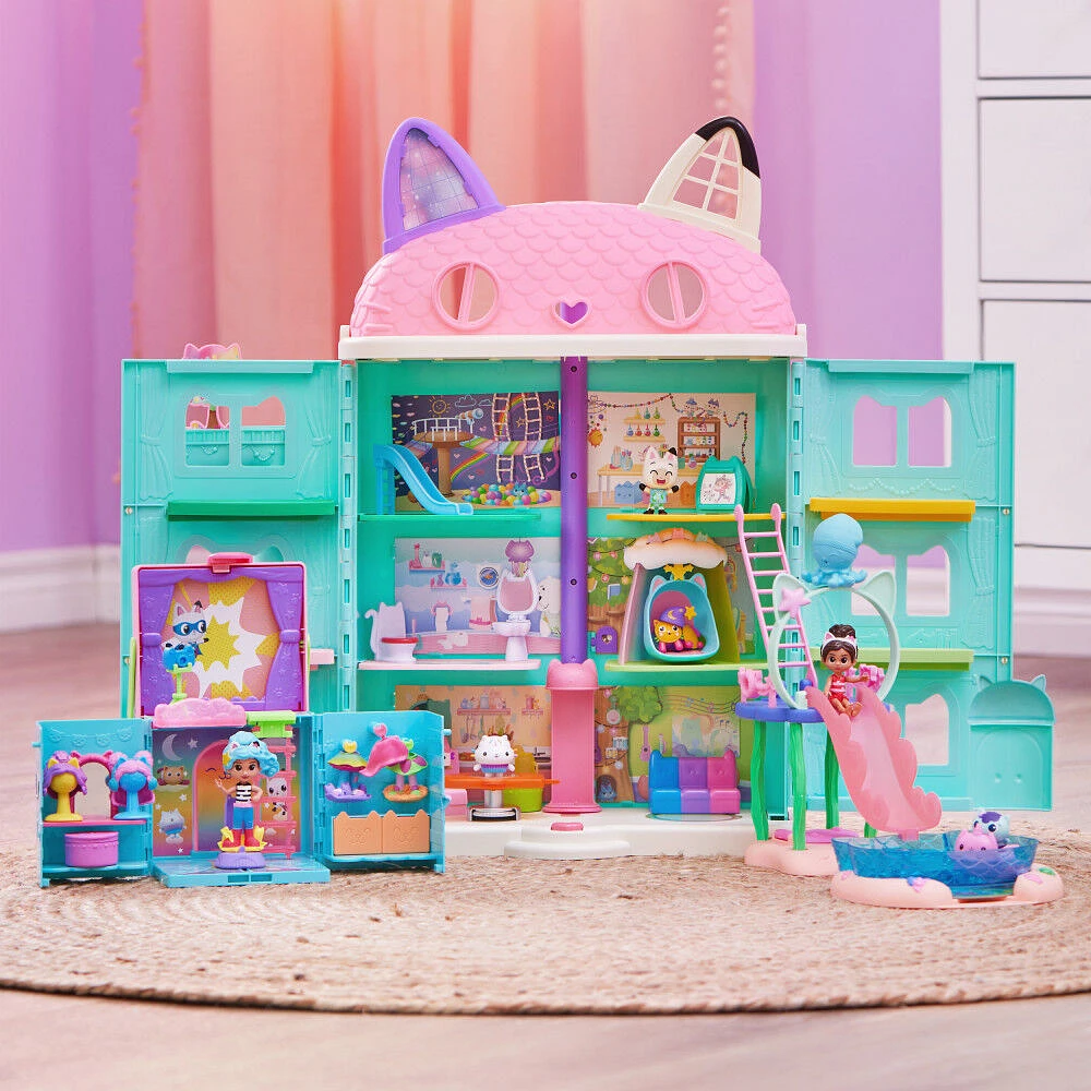 Gabby's Dollhouse, Coffret piscine senchationnelle avec figurines Gabby et Marine, Queues de sirène qui changent de couleur et accessoires de piscine