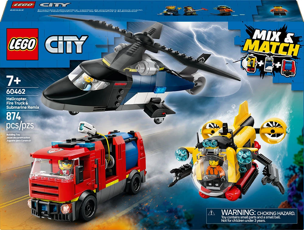 LEGO City Ensemble hélicoptère, camion de pompiers et sous-marin, ensemble de construction de jouet pour les enfants de 7 ans et plus 60462