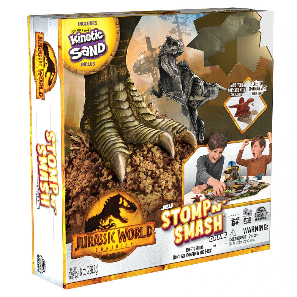 Jurassic World Dominion, Jeu de société sensoriel Stomp N' Smash sur le thème des dinosaures, avec sable Kinetic Sand