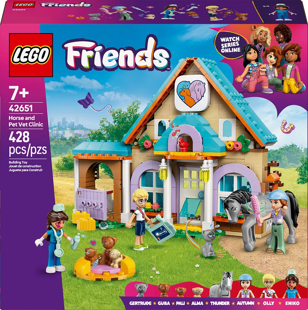 LEGO Friends La clinique vétérinaire pour chevaux et animaux de compagnie, Jouet de simulation avec 3 minipoupées et 5 animaux 42651