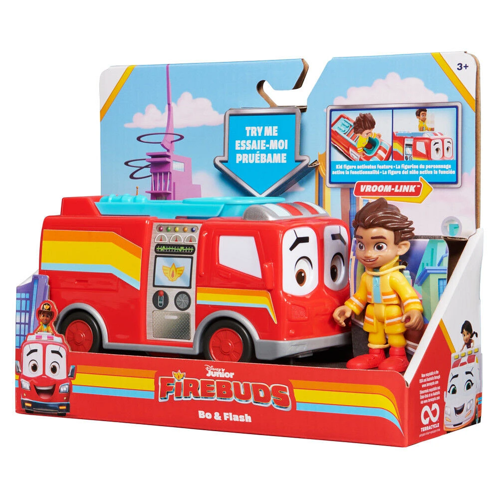 Disney Junior Firebuds, Bo and Flash, Action Figure and Fire Truck Vehicle with Interactive Eye Movement