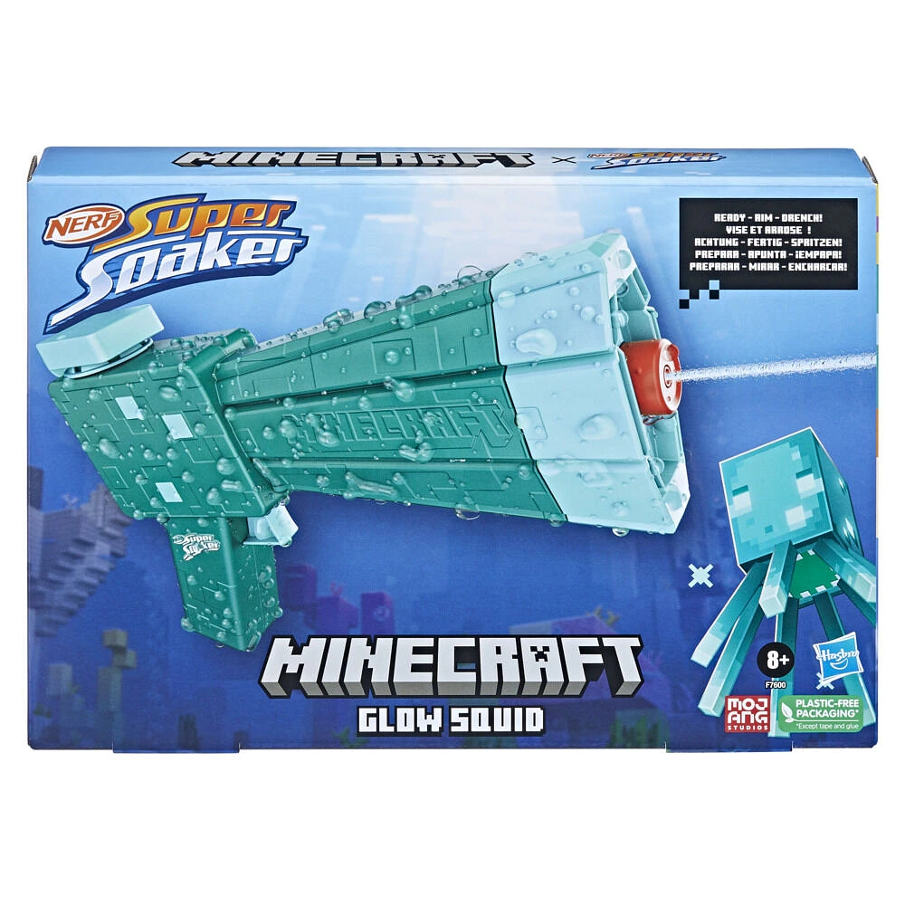 Nerf Super Soaker Minecraft, blaster à eau Glow Squid, design du Mob Glow Squid dans Minecraft Dungeons, jeu d'eau