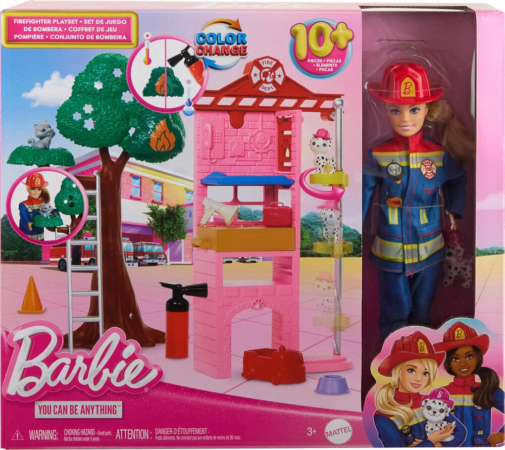 Barbie Firefighter Playset with Blonde Fashion Doll, Fire Station, 2 Pets & 10+ Accessories