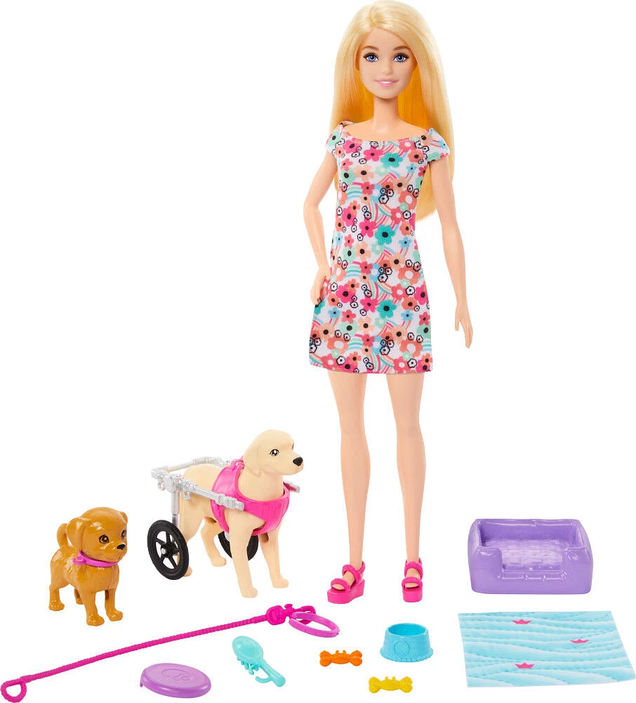 Barbie  Poupée, chiot et chien dans un fauteuil roulant, accessoire