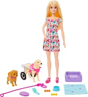 Barbie  Poupée, chiot et chien dans un fauteuil roulant, accessoire