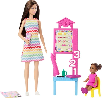 Barbie Teacher Doll with Brunette Fashion Doll, 1 Toddler Doll, & Teaching Accessories