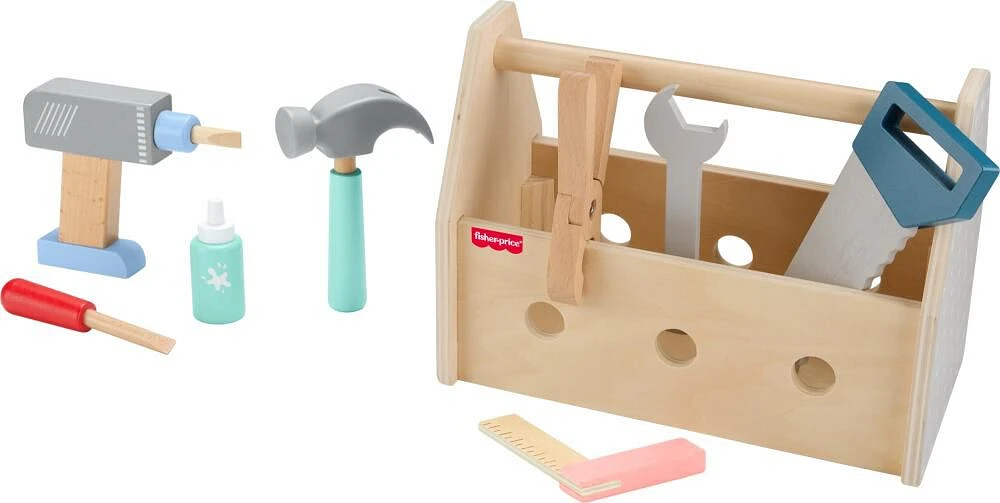 Fisher-Price Wooden Tool Box Set for Preschool Pretend Play, 9 Wood Pieces