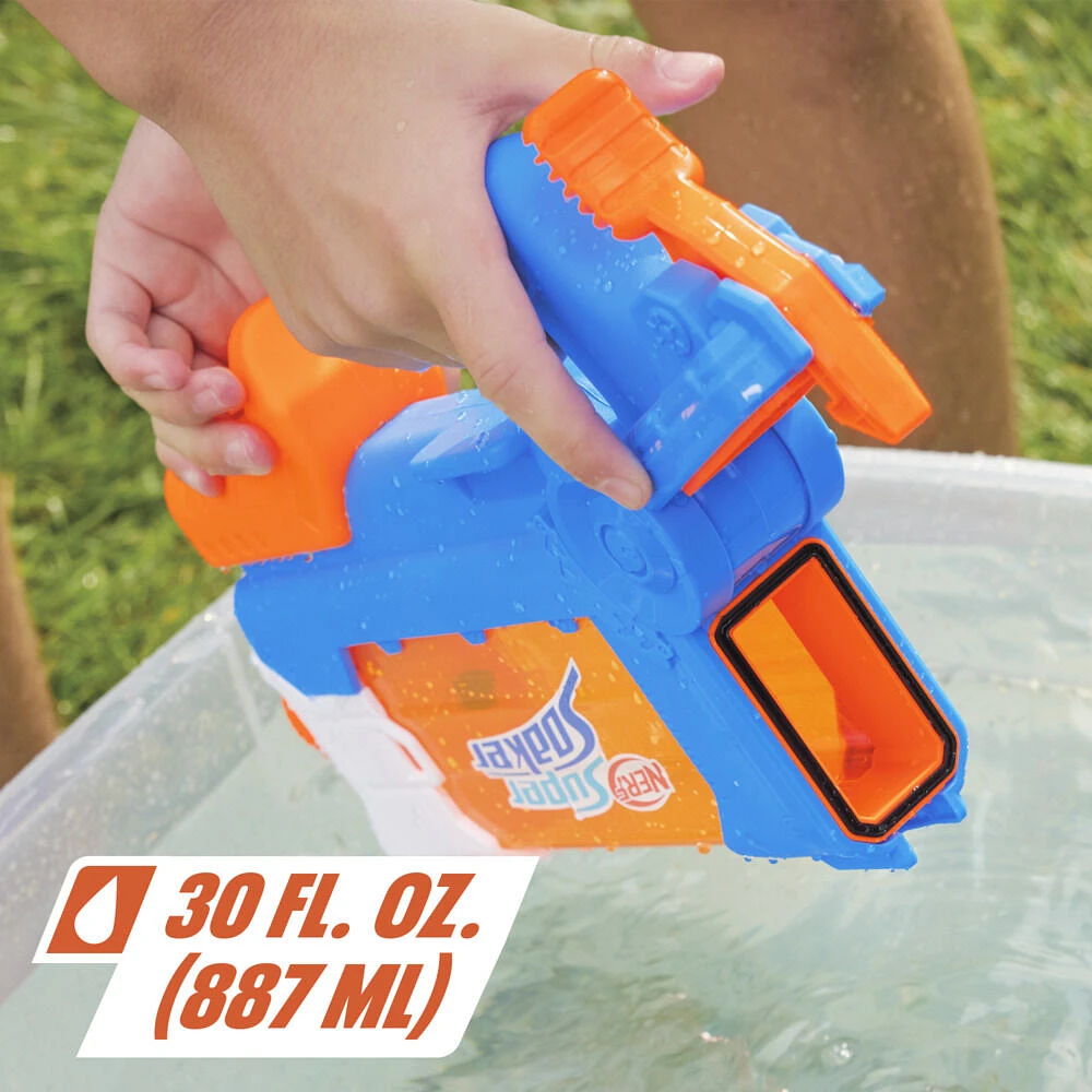 Nerf Super Soaker Flip Fill, blaster à eau avec 4 styles de jet, remplissage rapide, capacité de 887 mL d'eau, jouets d'eau