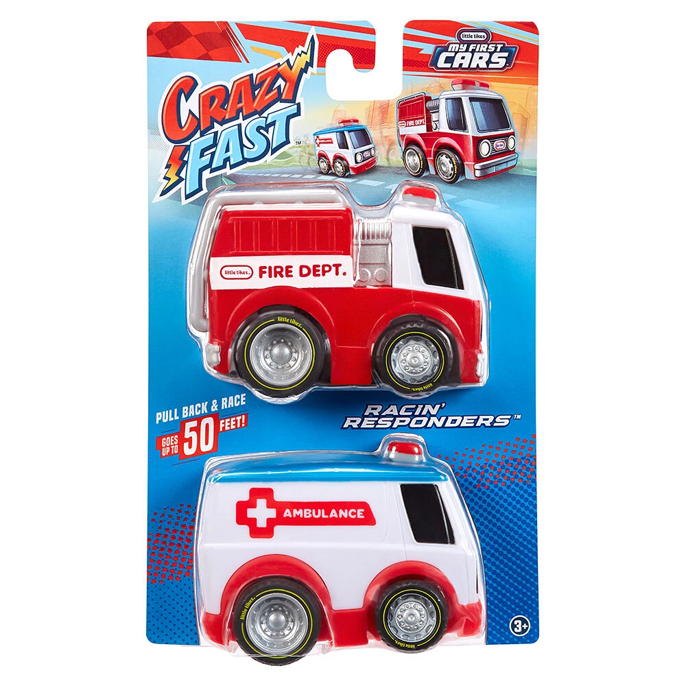 Little Tikes, My First Cars, Crazy Fast Cars 2-Pack Racin' Responders, Fire Truck, Ambulance, Pullback Toy Car Vehicle Goes up to 50 ft
