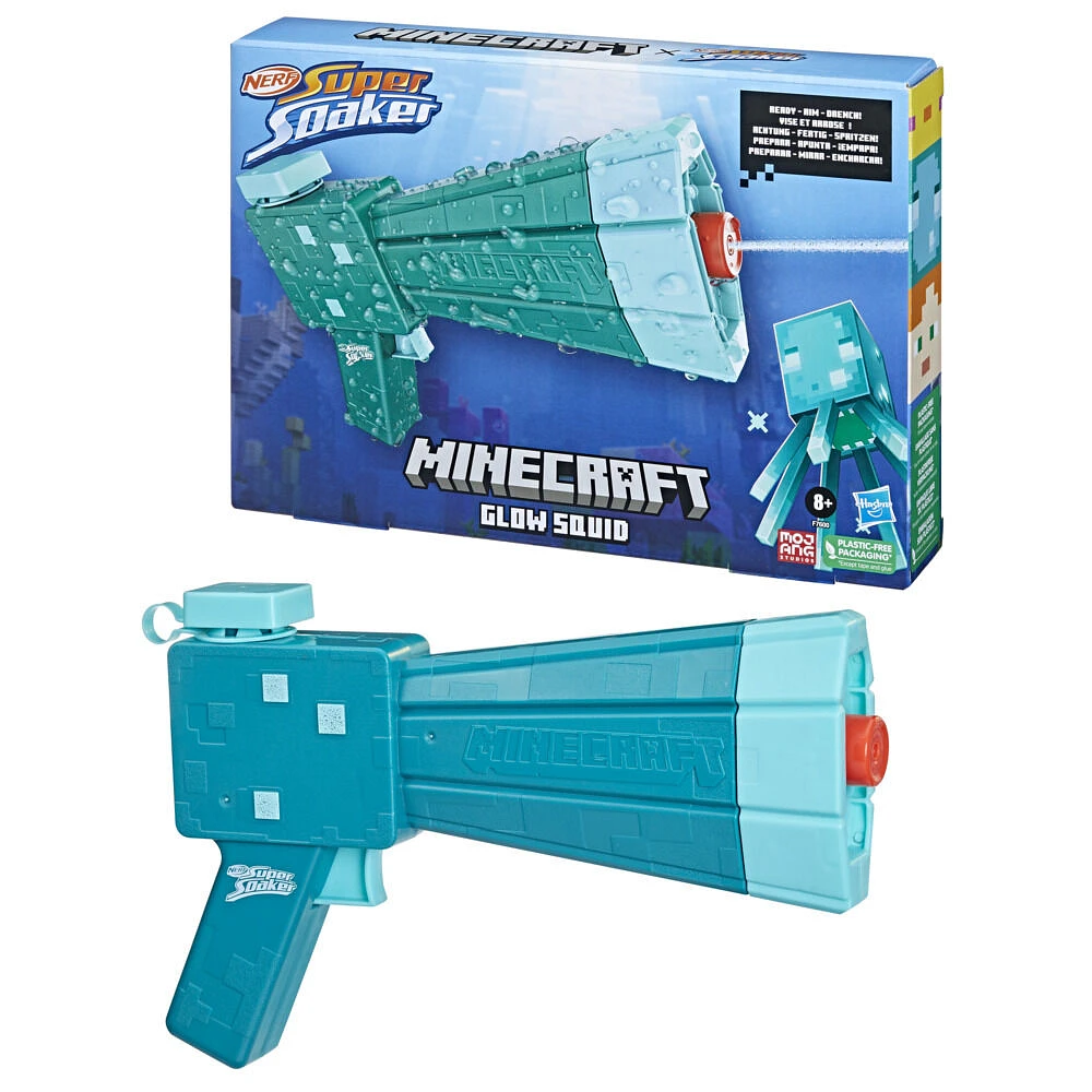 Nerf Super Soaker Minecraft, blaster à eau Glow Squid, design du Mob Glow Squid dans Minecraft Dungeons, jeu d'eau