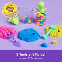 Kinetic Sand, Squish N' Create avec 382 g de sable à modeler bleu, jaune et rose, 5 outils